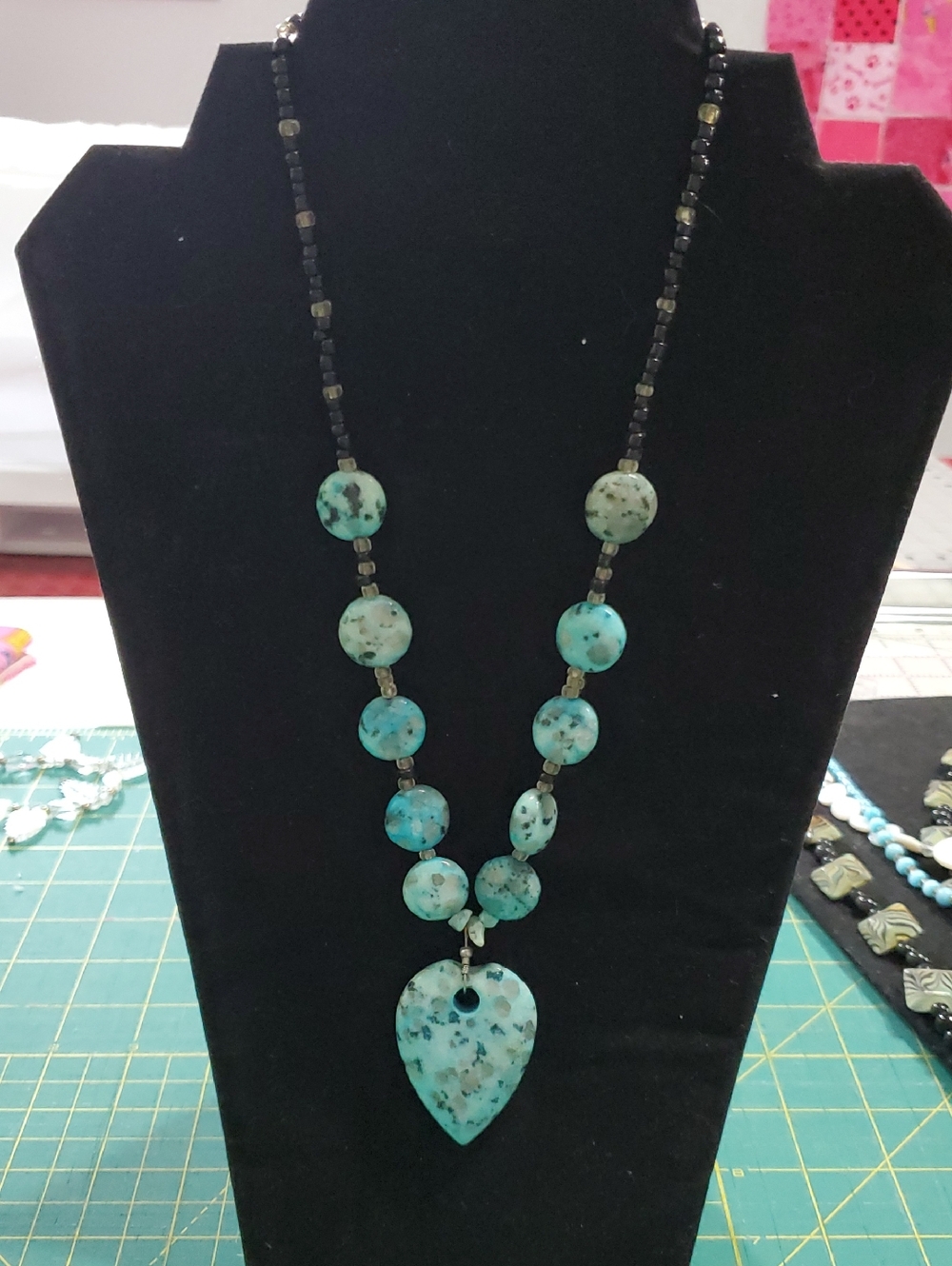 Turquoise Speckled Bead Necklace with Heart Pendant - Women Jewelry